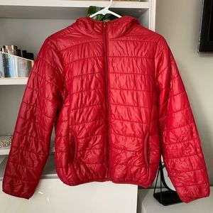 Red puffer jacket